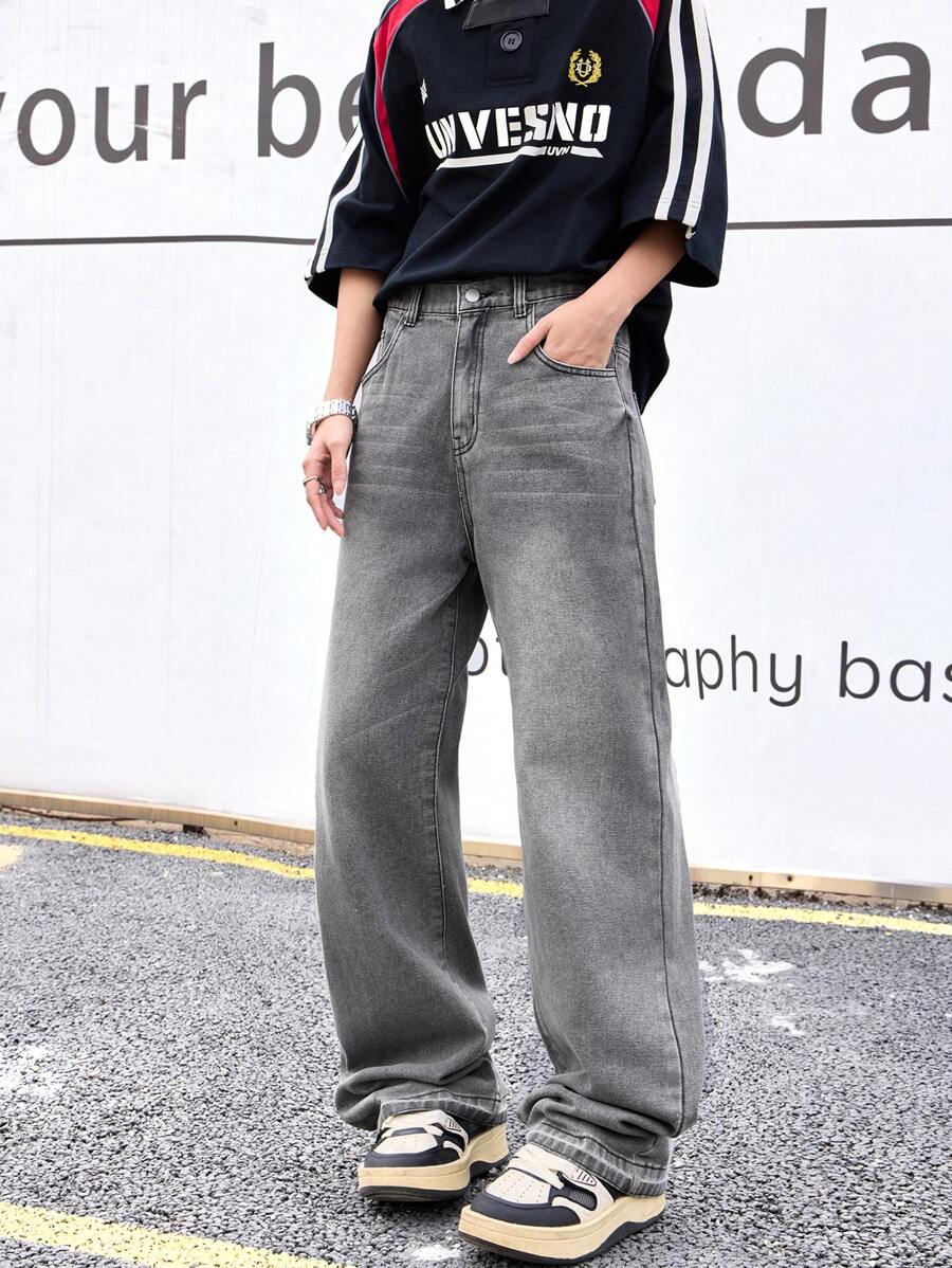 SHEIN Teen Boy Y2k Old Money Fashion Casual Gary Denim Cotton Basic Simple Comfortable Fresh Slim Teen Boy Jeans For Boy Soft Dailywear And Teen Boy Summer Clothes - Grey - View 1