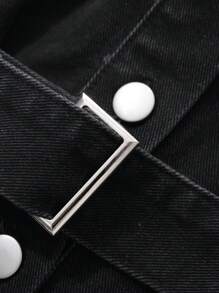 FRIFUL Women's Solid Color Waist Cinched Short Denim Bib Overalls & Jumpsuit