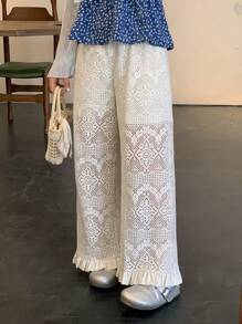 FRIFUL Pantalones de cintura alta de 7/8 con textura de red de crochet blanco, estilo de vacaciones de verano para mujeres