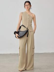 Dazy-Less 女士两件套：休闲斜领露脐上衣配大口袋和直筒宽松长裤，商务休闲复古风格女装 - 卡其色 - 查看 5