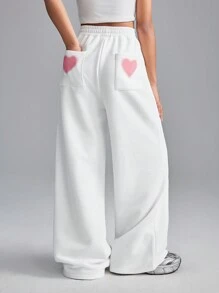 SHEIN Tween Girls Spring/Summer Heart Print Simple Everyday Casual Long Pants - White - View 1
