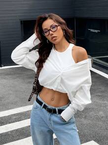 SHEIN EZwear 女士纯色前扣长袖简约衬衫，休闲日常穿着 - 白色 - 查看 5