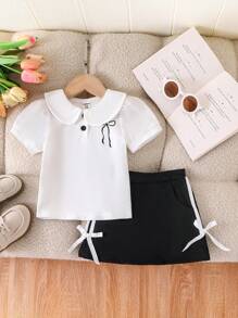 Bayi Perempuan Musim Panas Terbaru, Atasan Lengan Pendek Warna Polos dengan Pita dan Rok Pinggang Bergaris dengan Simpul Pita - Putih - View 4