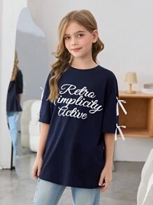 SHEIN Lockeres, lässiges T-Shirt mit Schleife und Rundhalsausschnitt für Tween-Mädchen - marineblau - Übersicht 4