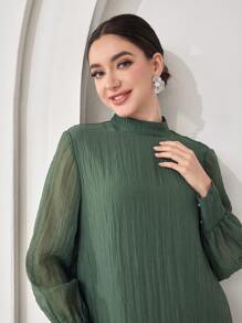 Veilorie فستان نسائي أنيق بأكمام فوانيس ذو لون أحادي - أخضر - مشاهدة 4