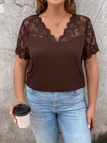 EMERY ROSE Plus Summer Women Contrast Lace Scallop Trim Tee - Coffee Brown - View 6