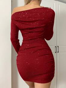 CovetEZ Women's New Asymmetric Neck Gathered Mini Dress