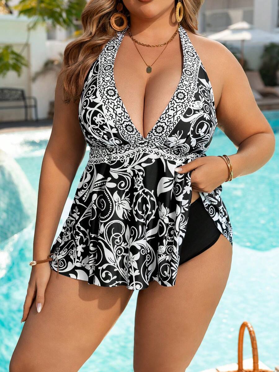 SHEIN Swim Curve 2pcs/Set Plus Size Women Graphic Print Bikini Set, Black & White, Tank Style, Minimalist, Vacation Swimwear For Summer Beach Vacation - Black and White - View 1