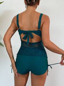 夏季女式 2 件系带褶皱细肩带比基尼套装 - 绿色，性感露背设计，修身 - 綠色 - 查看 2