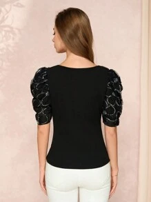 SHEIN Clasi 女士亮片花卉印花泡泡袖短款上衣 - 黑色 - 查看 2