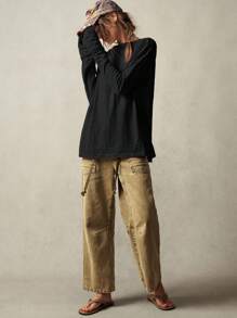 Bohemela BOHO Casual Solid Color Knit Boat Neck Long Sleeve Loose Fit Regular T-Shirt - Black - View 7