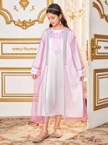 Tween Girls Loose Mesh Cardigan And Dress 2 Pieces Set - Pink - View 3