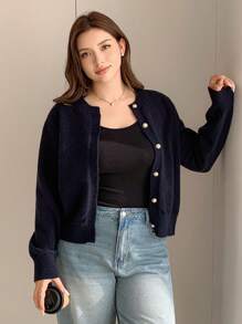 Dazy Petite Plus Solid Color Crew Neck Sweater Fitted Cardigan Jacket In Navy, Spring/Summer/Autumn