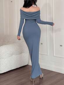 Feyla Women's Solid Color Off Shoulder Long Sleeve Fitted Dress - Blue - View 6