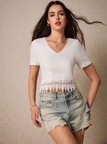 Poéselle Cotton Guipure Lace V Neck Tee - White - View 1