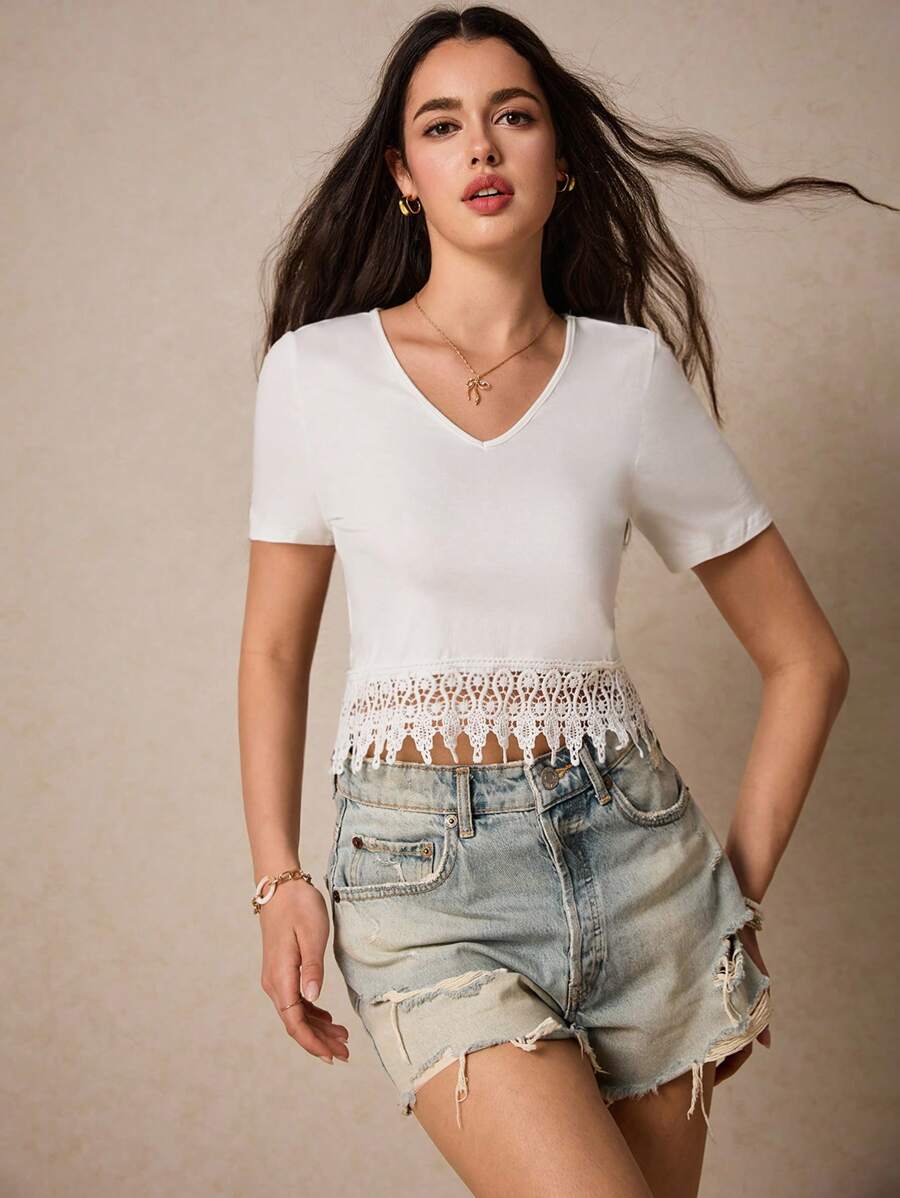 Poéselle Cotton Guipure Lace V Neck Tee - White - View 1