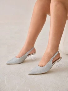 CUCCOO CURVES Women's Fashion Crystal Heel Glitter Silver Ladies High Heel Backless Pumps, Suitable For Going Out, Banquet, Party And Other Events - Metallic Silver - View 2