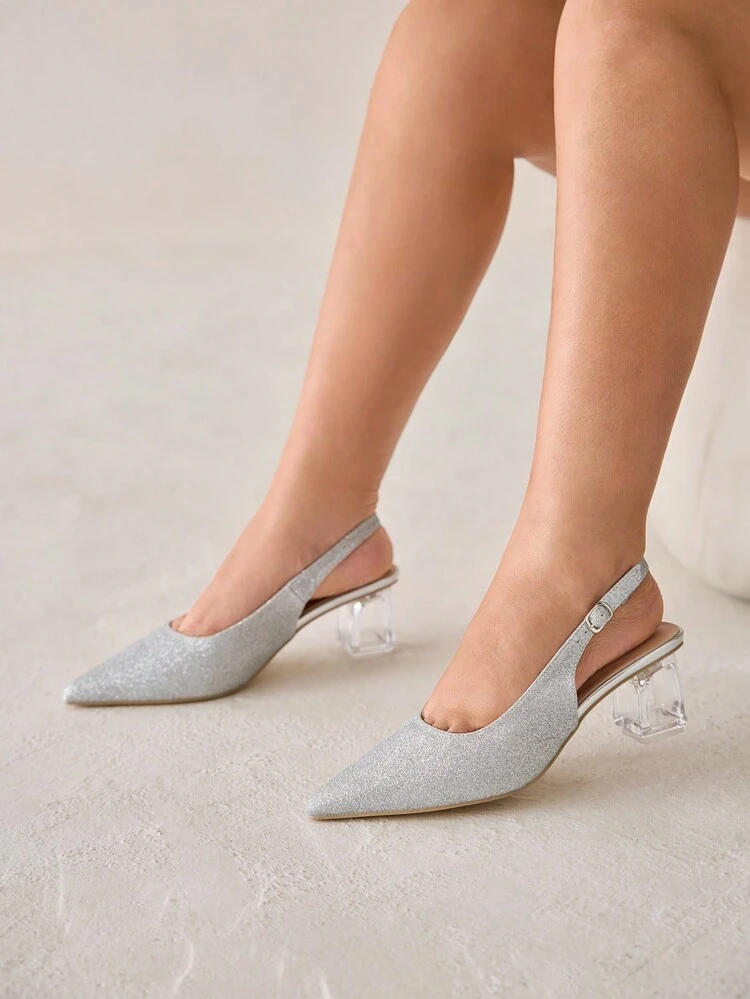 CUCCOO CURVES Women's Fashion Crystal Heel Glitter Silver Ladies High Heel Backless Pumps, Suitable For Going Out, Banquet, Party And Other Events