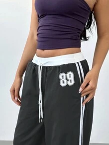 Aloruh Women's Sports Style Striped Contrast Print Low-Waist Straight Leg Tie Pants - Dark Grey - View 6