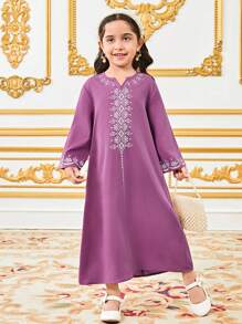 SHEIN Young Girl Retro Pattern Long Dress - Purple - View 4