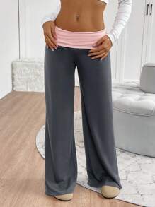 INAWLY Pantalon de jogging ample à jambe droite et taille blocs de couleurs décontracté pour femme