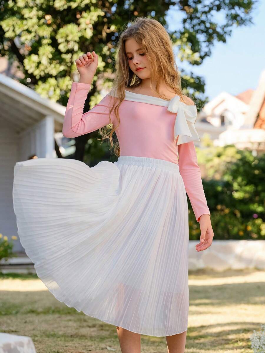 SHEIN Jupe longue plissée en mousseline pour préadolescentes, jupe blanche élégante et luxueuse pour fille, vêtements de princesse convenant à la saison des mariages, design mignon avec décorations florales/partielles, sans motifs traditionnels - Blanc - Voir 1