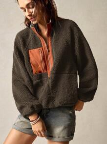 Bohemela Vacation Solid Knitted Raglan Sleeve Half Zip Up Loose Fit Women Hoodie - Brown - View 4