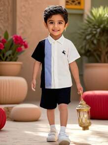Tween Boy Casual Color Block Patchwork Polo Collar Short Sleeve Shirt, Suitable For Spring/Summer, Outdoor Play, School, Street, Party And Leisure Wear