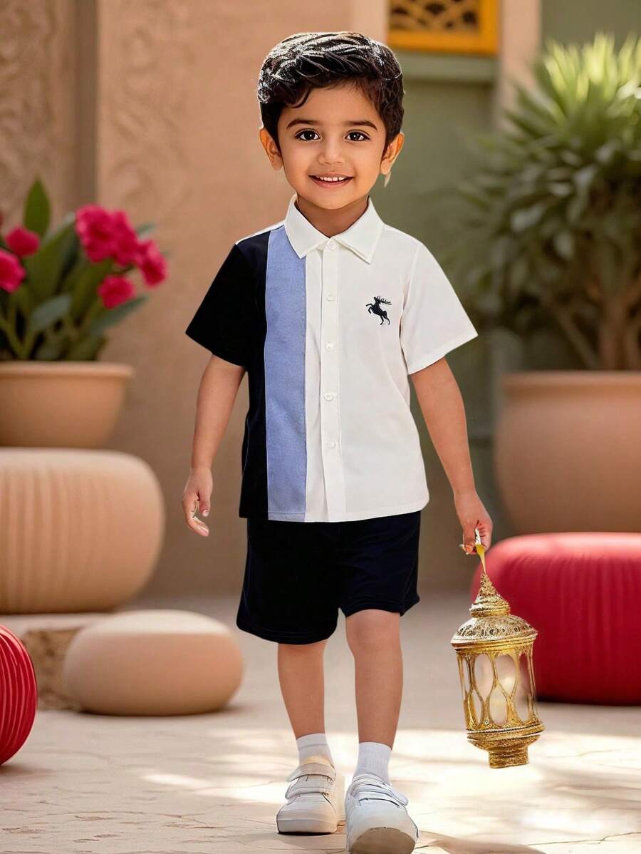 Tween Boy Casual Color Block Patchwork Polo Collar Short Sleeve Shirt, Suitable For Spring/Summer, Outdoor Play, School, Street, Party And Leisure Wear