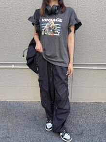 FRIFUL 女式宽松休闲图案印花盖袖T恤，喇叭袖，夏季服装，荷叶边 - 灰色 - 查看 2