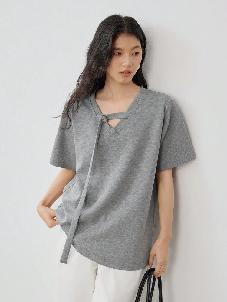 Women's Casual V-Neck Lace-Up Short Sleeve Loose T-Shirt, Simple & Stylish Design Business Casual Woman