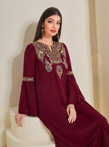 Al Najma Burgundy Red Floral Embroidery Ruffle Hem Dress, Modest Kaftan - Burgundy - View 6
