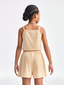 SHEIN مجموعة ملابس رياضية لفتيات المراهقات مكونة من توب قصير مطبوع برسومات وشورت للربيع والصيف