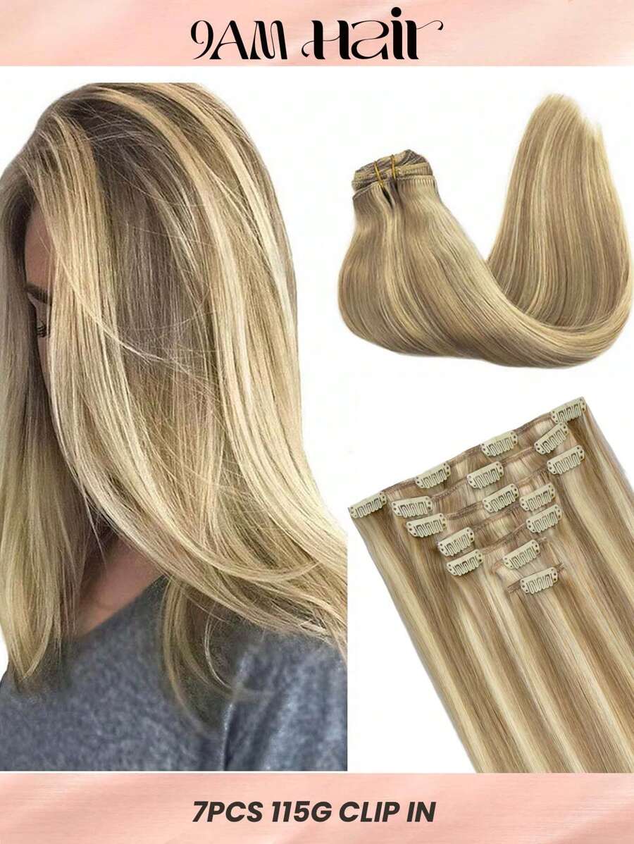 7 PIEZAS Extensiones de cabello con clip recto 100% cabello humano real de 14-24 pulgadas 115G Doble trama Extensiones de cabello con clip invisibles Cabello humano Remy natural para uso diario de mujeres y niñas - S16/22A - Ver 1
