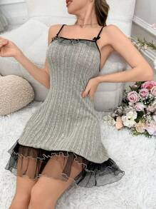 Mesh Patchwork Schleife Dekor A-Linien Strick Damen Negligé - Aprikosenfarben - Übersicht 6