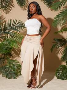 SHEIN PETITE CURVE Falda asimétrica gris caqui de talla grande para mujer, de unicolor, con cintura fruncida y abertura alta sexy, adecuada para vacaciones en la playa, citas, cumpleaños, despedida de soltera, estilo lindo y casual, para ir de compras, salir, fácil de combinar y que hace que la figura luzca estilizada.
