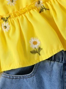 Ramadã 2 peças/Conjunto Top com Mangas Curtas e Shorts com Bordado de Flor Fofa para Meninas, Conjunto de Verão Doce