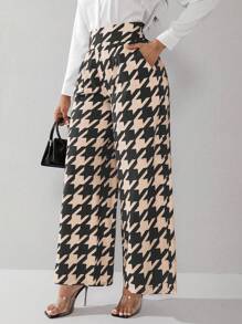 Lyxana Pantalones de pierna ancha con estampado de pata de gallo simple para mujer, ideales para desplazamientos - Caqui - Ver 1