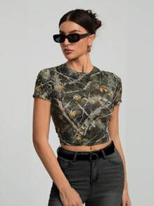 SHEIN Tall 军绿色枯枝迷彩落叶复古街头风印花休闲紧身潮牌短袖上衣T恤