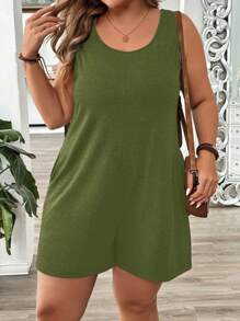 EMERY ROSE Macacão Plus Size sem mangas casual cor sólida - Verde de Exercício - Ver 4