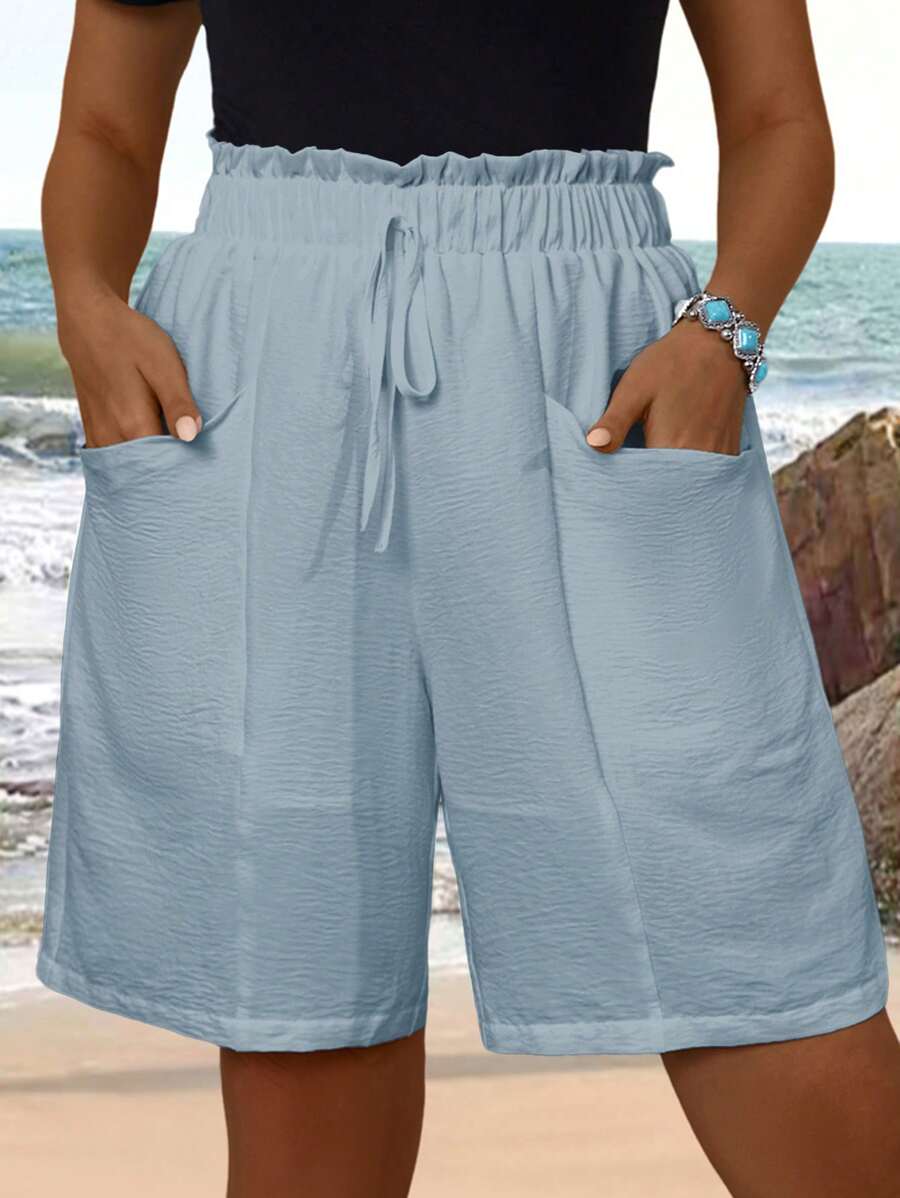 EMERY ROSE Plus Size Women's Summer White Doubledeck Paper Bag Waist Double Pocket Bandage Comfy Shorts,Vacation Outfits Woman,Boho For Women,Summer Outfits For Women/Summer - Baby Blue - View 1