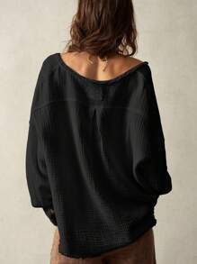 Bohemela 女士度假宽松 V 领落肩长袖编织纯色衬衫