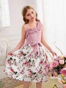 SHEIN Tween Girls Casual Ruffled Multi-Layer Oblique Shoulder Cropped Top And Floral Print A-Line Skirt 2 Pieces Set, Sweet Princess Style, Suitable For Spring Outing, Flower Girl Dress - Pink - View 9