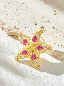 SHEIN BAE Exaggerated Metal Starfish Decorated Rhinestone Simple & Casual Earrings - Hot Pink - View 3
