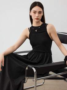 Dazy-Less Women's Sleeveless Layered Splice Midi Dress, Business Casual Slim Fit A-Line Tank Dress Old Money Style - Black - View 2