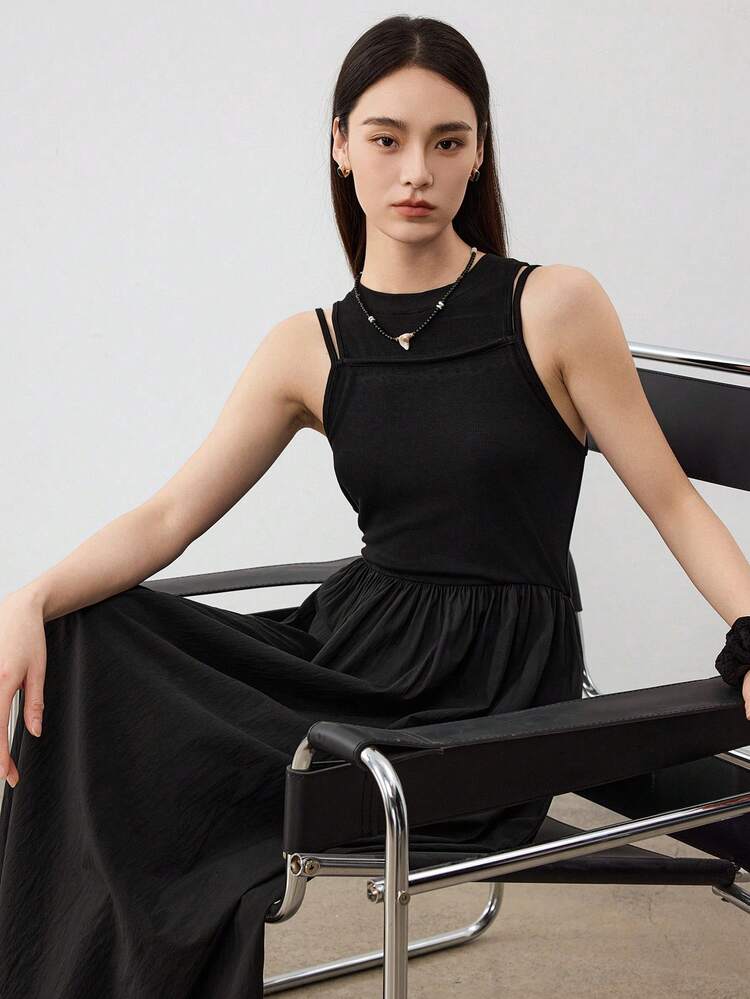 Women's Sleeveless Layered Splice Midi Dress, Business Casual Slim Fit A-Line Tank Dress Old Money Style