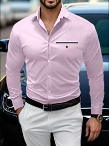 Calvornis Loose Fit Men's Button-Down Long Sleeve Shirt - Pink - View 3