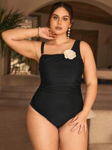 SHEIN Swim Curve Plus Size Women's Black One-Piece Swimsuit With Oblique Strap And Floral Decor, Stylish For Vacation And Leisure For Summer Beach Vacation - Black - View 3