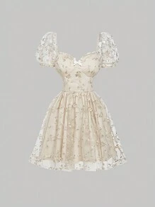 SHEIN MOD 米色浪漫复古风格精致刺绣网布蕾丝边连衣裙，女士情人节约会生日休闲连衣裙