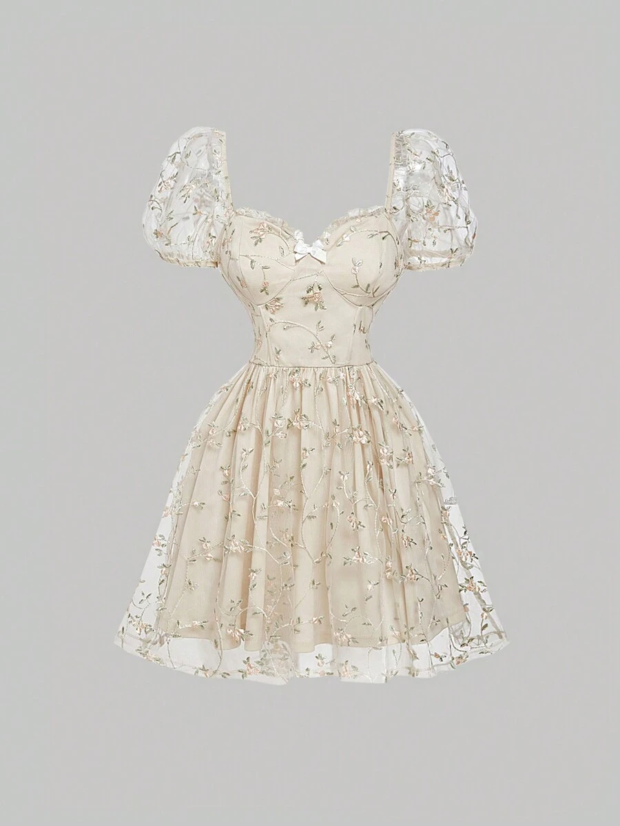 SHEIN MOD 米色浪漫复古风格精致刺绣网布蕾丝边连衣裙，女士情人节约会生日休闲连衣裙